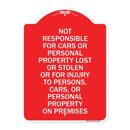 Signmission Not Responsible for Cars or Personal Property Lost or Stolen or for Injury to Persons, RW-1824-23546 A-DES-RW-1824-23546